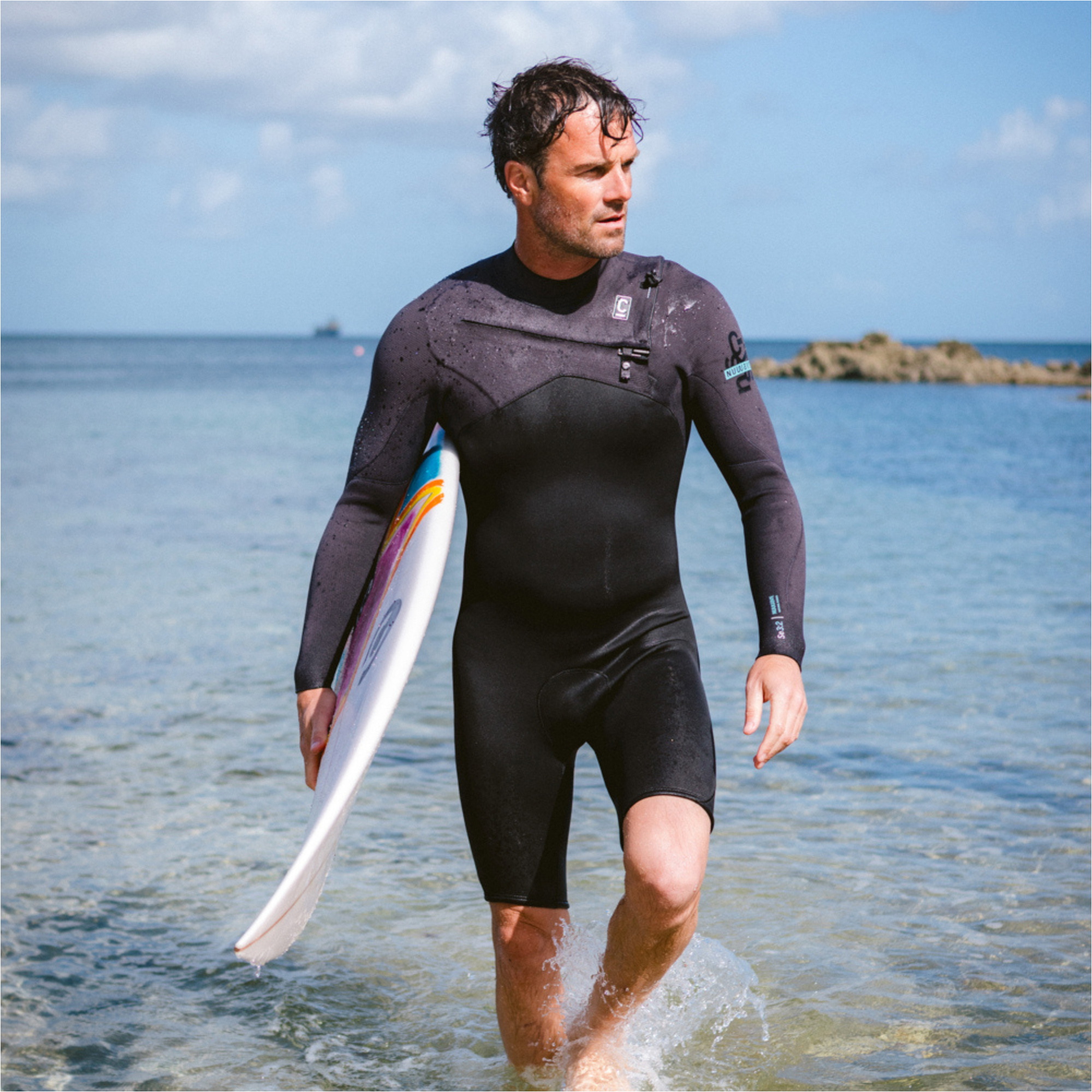 2026 C-Skins Mens NuWave Session 3/2mm Chest Zip Springsuit Wetsuit C-NSE32SPM - Black / Meteor X / Petrol